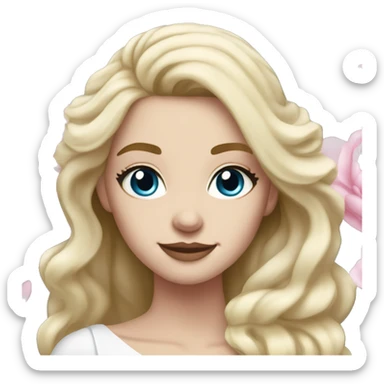 White bride with long light blonde hair and blue eyes with light pink peonies in hair white skin  sticker