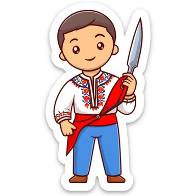 Ukrainian man in traditional embroidered vyshyvanka shirt holding red scissors in one hand and a spanner in the other hand sticker