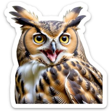Cinematic Cute Yawning Great Horned Owl Portrait Emoji, Head tilted slightly with a dramatic, wide-open yawn, showcasing a soft, downy mottled plumage with gently drooping feathers, round golden eyes barely open in drowsy contentment, Simplified yet irresistibly adorable features, highly detailed, glowing with a soft, cozy glow, high shine, relaxed yet expressive, stylized with a touch of nocturnal whimsy, bright and endearing, soft glowing outline, capturing the essence of a sleepy yet affectionate owl, so drowsy it feels like it could glide out of the screen and curl up for a nap! sticker