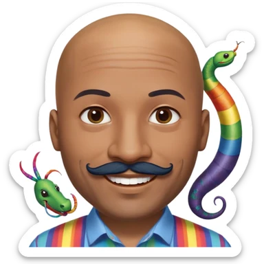 Oxumarê as a very happy and spontaneous smiling 37-year-old bald man with very dark skin, smooth oval head, indigenous facial features, mustache with circular beard only on chin, a round mole on the right side below the lip, wearing a blue striped dress shirt, with rainbow serpent, Memoji style sticker