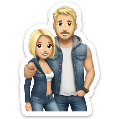 A blonde girl with short hair and a tank top and short jeans holding hands with a handsome tall blonde man with a Jason Alden hoodie on  sticker