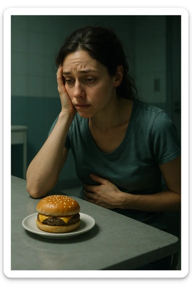 realistic and cinematic illustration of a woman experiencing nervous hunger during menstrual cycle, longing expression, posture suggesting craving for food, clinical atmosphere, dramatic lighting, realistic details, no text, vertical 2:3 format sticker