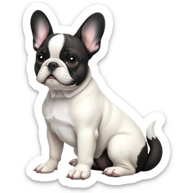 cinematic-[french bulldog]-realistic-full-body-sitting-emoji,-tail-resting-loosely-beside-its-paws,-head-tilted-dramatically,-sleek-[black ant whitepied]-fur,-simplified-yet-realistic-focused-features,-highly-detailed,-glowing-with-an-almost-sarcastic-glow sticker