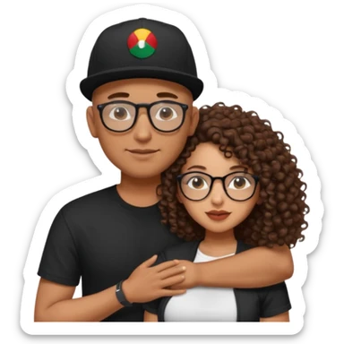 A picture of a tanned couple embracing. the guy is Mexican, with a bald hair cut and he has a SnapBack hat on. The girl is mixed, the girl is wearing a black shirt, the girl has brown curly big hair and the girl has big boobs and the girl wears glasses  sticker