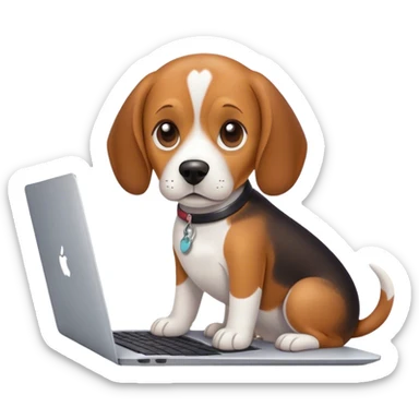 a beagle dog behind a laptop typing on it sticker