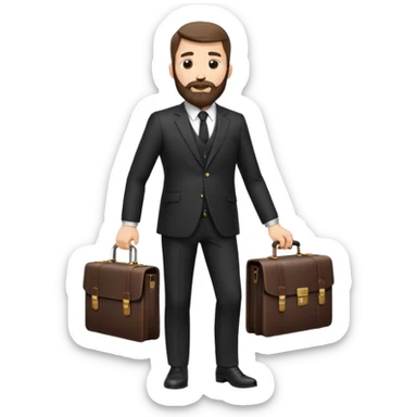 A handsome man, 40+ years old, with a thick beard in a black suit, fair skin, short stylish haircut, full-length photo, wearing an expensive watch, unusual pose, holding a briefcase sticker