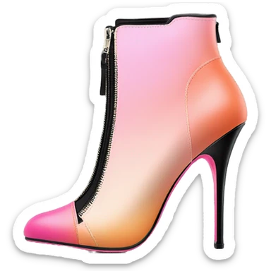 Hyper Realistic isolated top front view of a pair  of peach,pink and black ombre high heel zippered ankle bootie boots. sticker