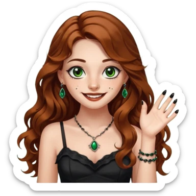Girl with long wavy brown hair, dark green eyes with eyeliner, she has freckles and a cute nose, mini dress on with long black nails and she’s also wearing horror jewelry smiling sticker