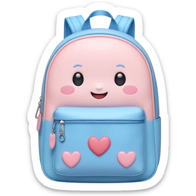 Cute Kawaii Backpack, round and chubby, soft pastel pink and blue, tiny heart-shaped zippers, blushing cheeks, a tiny smiling face, a happy school-time companion! sticker