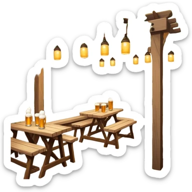 Cinematic Realistic Biergarten Pop Culture Emoji, showcasing a charming outdoor beer garden scene rendered with rustic details and inviting, soft lighting. sticker