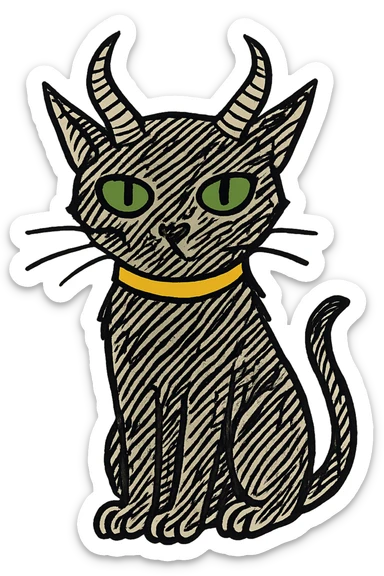 Add a yellow collar to the black cat with green eyes and demon horns, keeping the hand-drawn sketch style of the original image. sticker