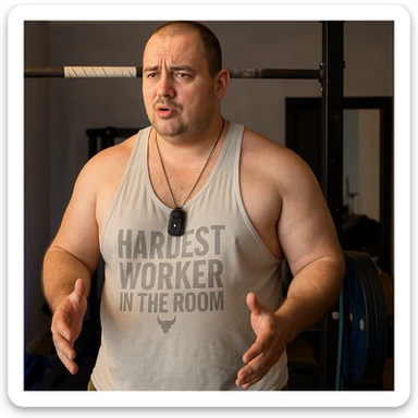 Create a realistic version of the man in the reference photo with defined muscles but fat accumulation on the chest and abdomen, maintaining the original pose. sticker