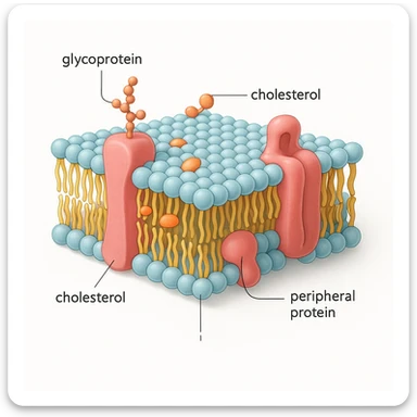 A highly detailed, scientifically accurate cross-section of a biological cell membrane (lipid bilayer) on a white background, ultra-realistic 3D illustration. Show the phospholipid bilayer with hydrophilic heads (round, polar) facing outward and hydrophobic tails (chains) inside. Include embedded proteins (integral and peripheral), cholesterol molecules (small, rigid), glycoproteins with sugar chains, and ion channels. The style should be clean, lab-textbook style, with subtle shadows and depth. Use a color scheme: light blue for hydrophilic heads, yellow for hydrophobic tails, red/pink for proteins, and orange for cholesterol. Microscope-like precision, no artistic stylization. Educational diagram of the Fluid Mosaic Model, cross-sectional view with labels for 'glycoprotein', 'cholesterol', and 'peripheral protein', vector graphic style. sticker