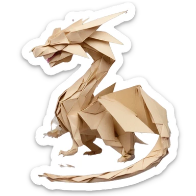 patterned Beige Origami dragon with made of newspapers, on fire, surrounded by fairy lights nebula galaxy stars swirls iridescent covered in dried flowers sticker