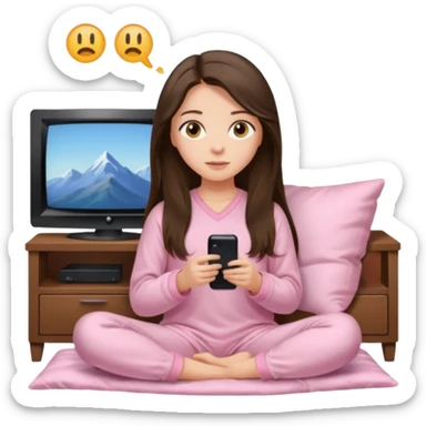 long haired brunette girl hazel eyes in light pink watching tv sticker
