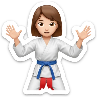 Ragazza castana che pratica karate, ha la cintura nera ed io tradizionale kimono bianco del karate, in posizione di guardia sticker