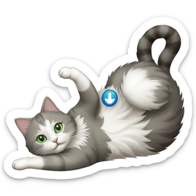 grey and white cat with green eyes doing a big extremely long stretch reaching up into the air with arms and legs side by side together straight and overextended whilst lying on its side sticker