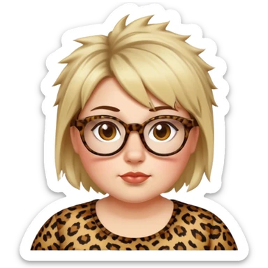 chuby white women dressed in leopard with short medium brown and blonde shaggy spiked hair wearing glasses with hazel color eyes and wide flat nose sticker