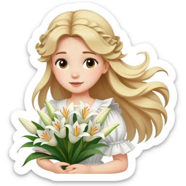  A girl with a half-up half-down hairstyle, and a white ruffled top, enjoying the spring breeze.Holding a bundle of lily sticker