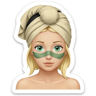 Femme blonde aux yeux bleus avec une serviette de bain noir enroulée sur la tête et un masque d’argile verte sur le visage sticker