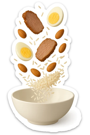 bowl bianca in cui cadono verticalmente fettine di carne, uova sode, mandorle e riso basmati sticker