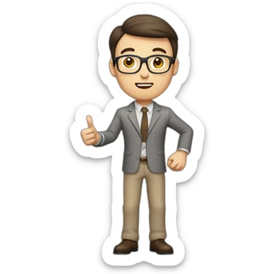 To belt Actively gesturing with hands Pale skinned fit man teacher with dark brown hair in gray jacket, beige office shirt, brown tie, brown pants and vintage glasses. sticker