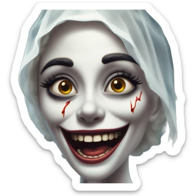 Laughing undead bride in Uncle Scrooge style, oil paint, mysterious eyes, intricate lips, masterpiece pose, odd perspective, beautiful, desirable, logical sticker