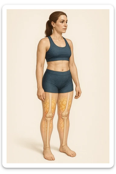 realistic anatomical illustration of a woman in sportswear with transparent section on legs showing fluid accumulation in subcutaneous tissues to highlight water retention, neutral medical style background sticker