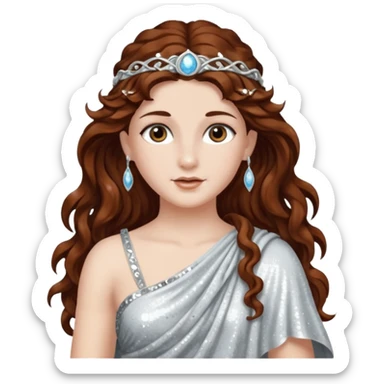 Diana, Goddess of Moon from Roman Deities with long dark auburn wavy hair, silver sequin toga sticker