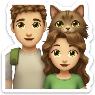 Girl with brown eyes and brown hair kisses the boy with brown hair and green eyes and hugs brown cats sticker