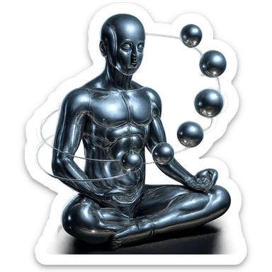 Add a glowing aura around the stylized chrome meditating figure and the spiraling spheres, keep the style futuristic and smooth, no background. sticker
