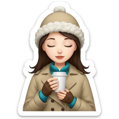 Brunette girl with white skin and eyes closed, wearing a clod ge coat's hat who smells the coffee in her hand sticker