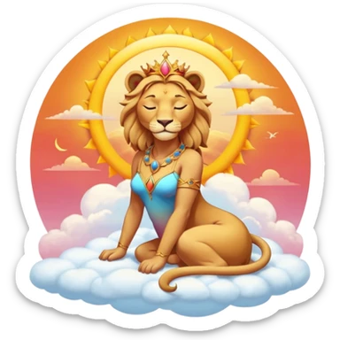 Sun-kissed Sunset-Gradient Celestial Flaring Warm Hot Feminine Beautiful Elegant Pretty Sun-Goddess-Lioness with closed relaxed eyes and symmetry and sitting on a cloud pastel divine dress beauty   sticker