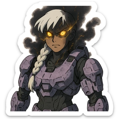 female, wearing reach spartan armor shoulder-unequip, long white braid hair with massive messy front side single bangs, gold yellow eyes, attention pose, D-cup size, HALO:series, no helmet, the armor is lavender color scheme, eyes glowing, demon eye, gleam, rage aura, body steaming dark gray, gold electricity, mouth clowed scowling sticker