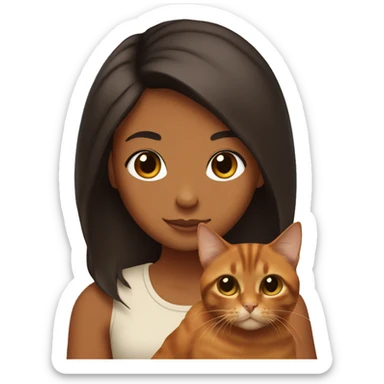brown girl with black long hair holding a ginger cat and also a tortoiseshell cat sticker