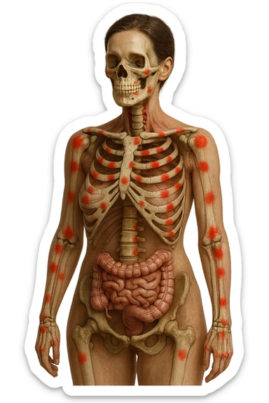 corpo umano anatomico di una donna affetta da fibromialgia, intestino anatomico realistico e red spot sparsi sulle sue ossa, iperrealistica 4k sticker