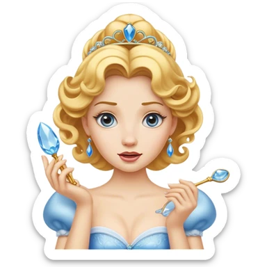 Cinematic Funny Cinderella Portrait Emoji, Stunned expression as she holds a glass slipper much too big, one eyebrow raised, golden curls slightly messy, a mix of royal grace and unexpected humor, capturing a lighthearted twist on her fairy tale moment! sticker