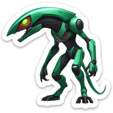 a black-green Genesect-Raptor-Fakémon—hybrid with a futuristic visor-helmet full body sticker