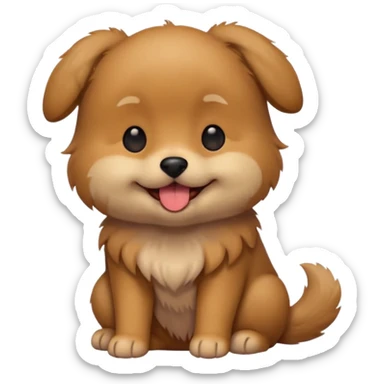Cute small brown fluffy dog emoji icon. Round face, short muzzle, light brown fur with slightly darker ears, small black nose, happy smiling expression with tongue out. Soft friendly eyes, sitting pose with front paws together. Simple clean vector style, minimal details, kawaii style. sticker