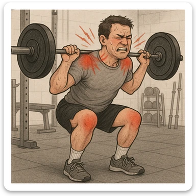 uomo che fa squat pieno di dolori e rossori articolari, per tecnica errata sticker