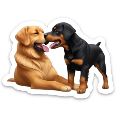 A Rottweiller playing with a golden retriever sticker