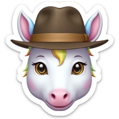 unicorn face cute wearing fedora, horn piercing through the hat looking in the camera sticker