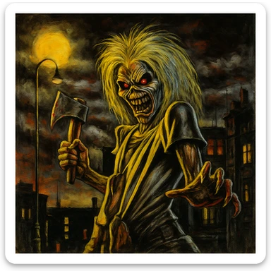 Iron Maiden 'Killers' album cover style, menacing Eddie with axe, dark city background, gritty heavy metal style sticker