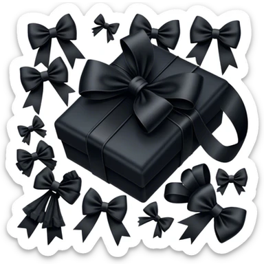 "A whimsical yet darkly romantic composition featuring various objects wrapped in black bows, blending vintage charm with gothic aesthetics."
 sticker