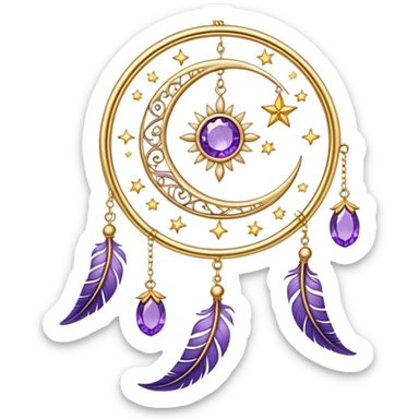 Epic beautiful gorgeous cute gold suncatcher, threads with shiny sparkly amethyst gemstones, flowers, crescents-moons, stars, violet Feathers  sticker