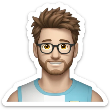 Guy with forsted light blue spectacles messi wavy hair with little mullets brown hair without beard  sticker