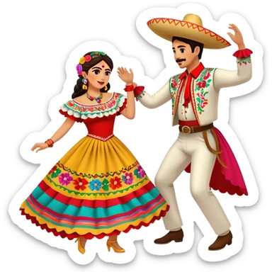 Cinematic Realistic scene of two performers dancing the Jarabe Tapatío, dressed in colorful traditional Mexican costumes with intricate embroidery, captured in energetic, festive motion with vibrant, celebratory lighting sticker