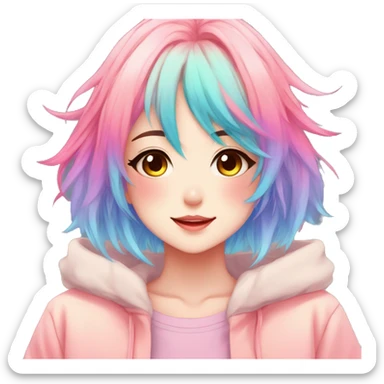 Gorgeous anime style shojo character with blushing face aesthetic and pretty colorful shiny gradient neon hair with hair garment trending style sticker