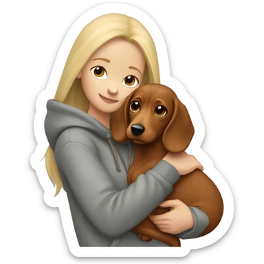long blonde hair girl dressed in grey hoodie holds and hugs a brown dachschund  sticker