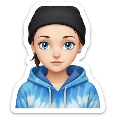 shaved haired brunette girl with a black beanie on and a tiedye hoodie. she has blue eyes and is smirking sticker